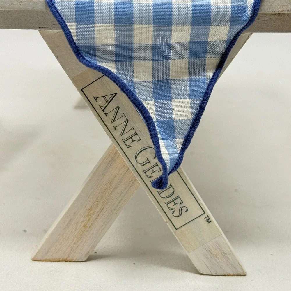 Anne Geddes Enesco Miniature Picnic Table Bench Set White Wood Gingham Prop